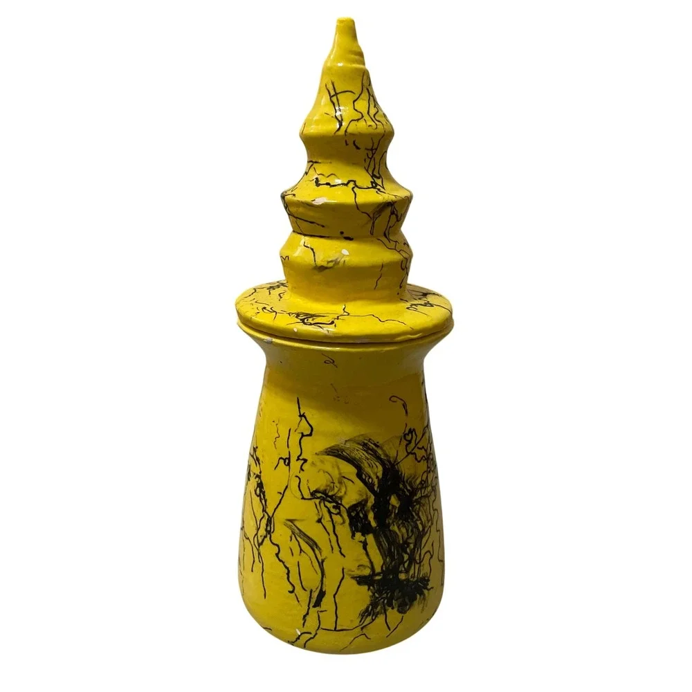 Vintage‎ Yellow Ceramic Jar w/ Lid Incense Apothecary Vase Black Swirl Design